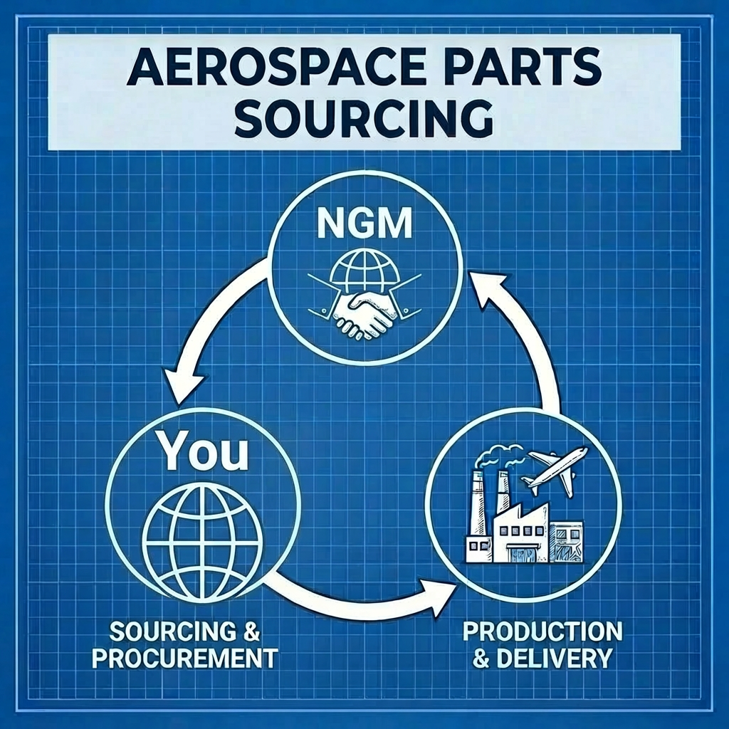 AEROSPACE PARTS SOURCING LIFECYCLE: Engineering Design & Requisition, Supplier Selection & Negotiation, Manufacturing & Quality Control, Logistics & Delivery, Final Assembly & Integration.