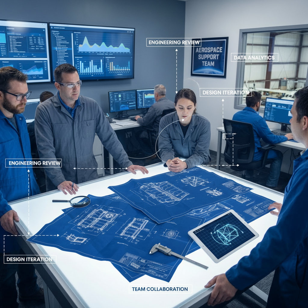 Aerospace team reviewing engineering blueprints on a light table in a modern operations center.